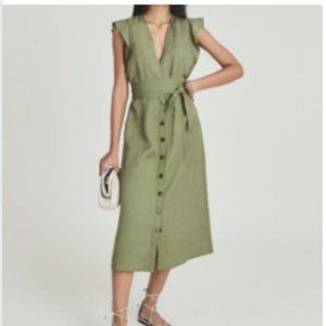 Reiss "Emma" Linen Blend Midi Dress in Khaki Size 8